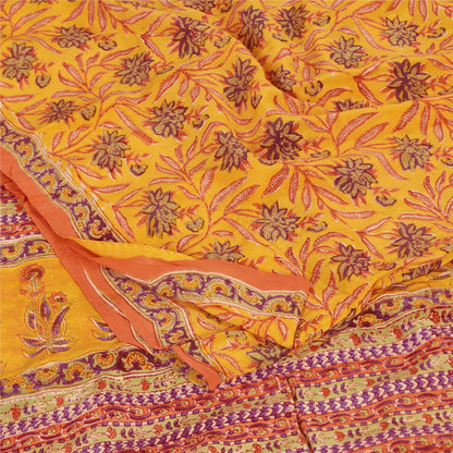Sanskriti Vintage Sarees Yellow Pure Crepe Silk Printed Sari 5+yd Craft Sustainable Fabric