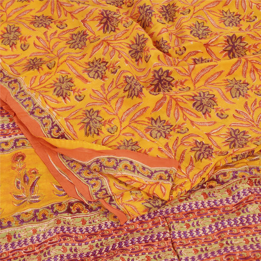 Sanskriti Vintage Sarees Yellow Pure Crepe Silk Printed Sari 5+yd Craft Sustainable Fabric