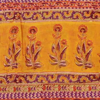 Sanskriti Vintage Sarees Yellow Pure Crepe Silk Printed Sari 5+yd Craft Sustainable Fabric