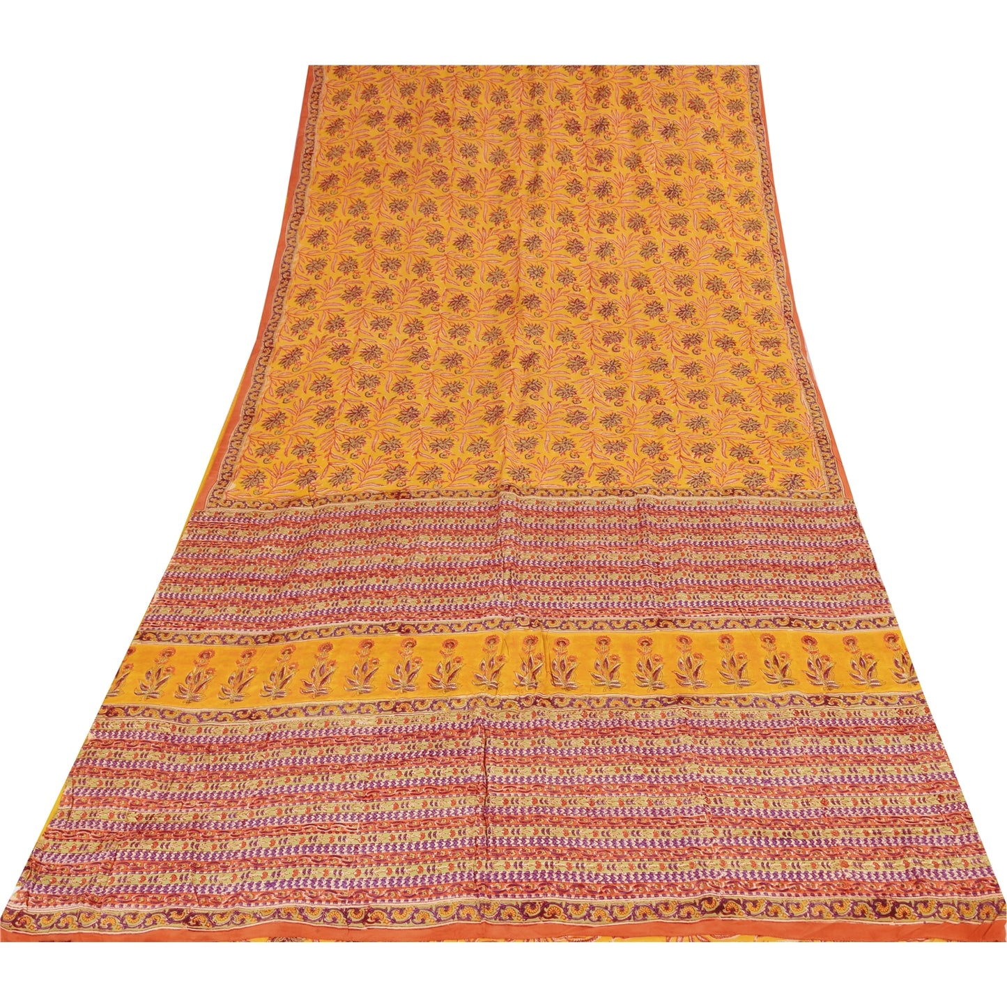 Sanskriti Vintage Sarees Yellow Pure Crepe Silk Printed Sari 5+yd Craft Sustainable Fabric