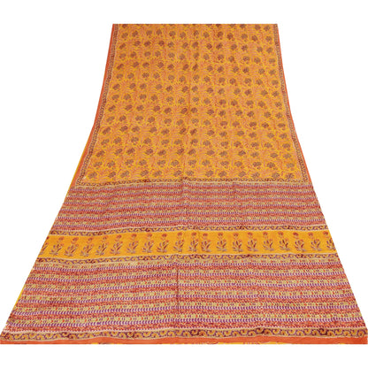 Sanskriti Vintage Sarees Yellow Pure Crepe Silk Printed Sari 5+yd Craft Sustainable Fabric