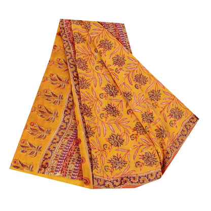 Sanskriti Vintage Sarees Yellow Pure Crepe Silk Printed Sari 5+yd Craft Sustainable Fabric