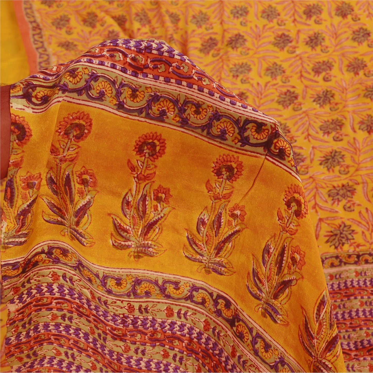 Sanskriti Vintage Sarees Yellow Pure Crepe Silk Printed Sari 5+yd Craft Sustainable Fabric