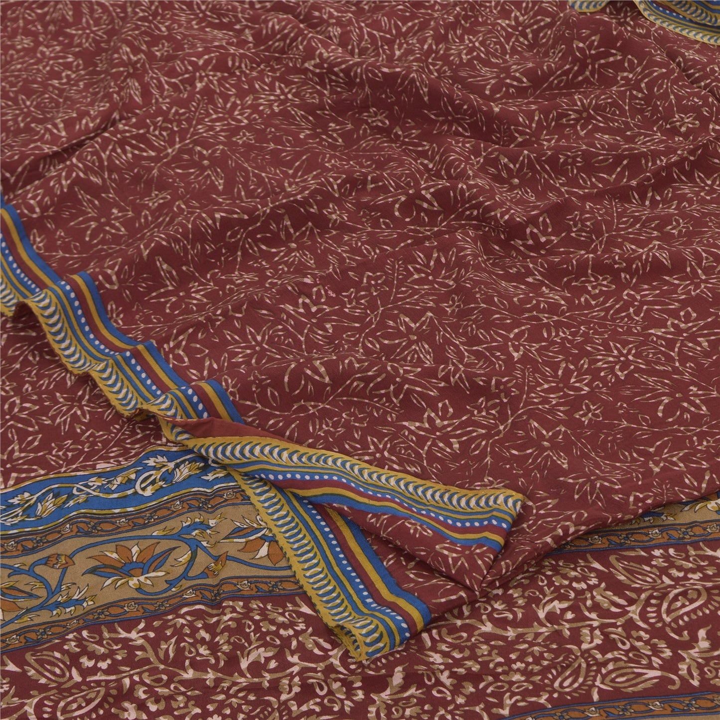 Sanskriti Vintage Sarees Dark Red Pure Crepe Silk Printed Sari 5+yd Craft Fabric