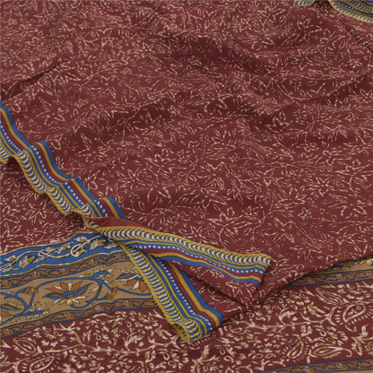 Sanskriti Vintage Sarees Dark Red Pure Crepe Silk Printed Sari 5+yd Craft Fabric