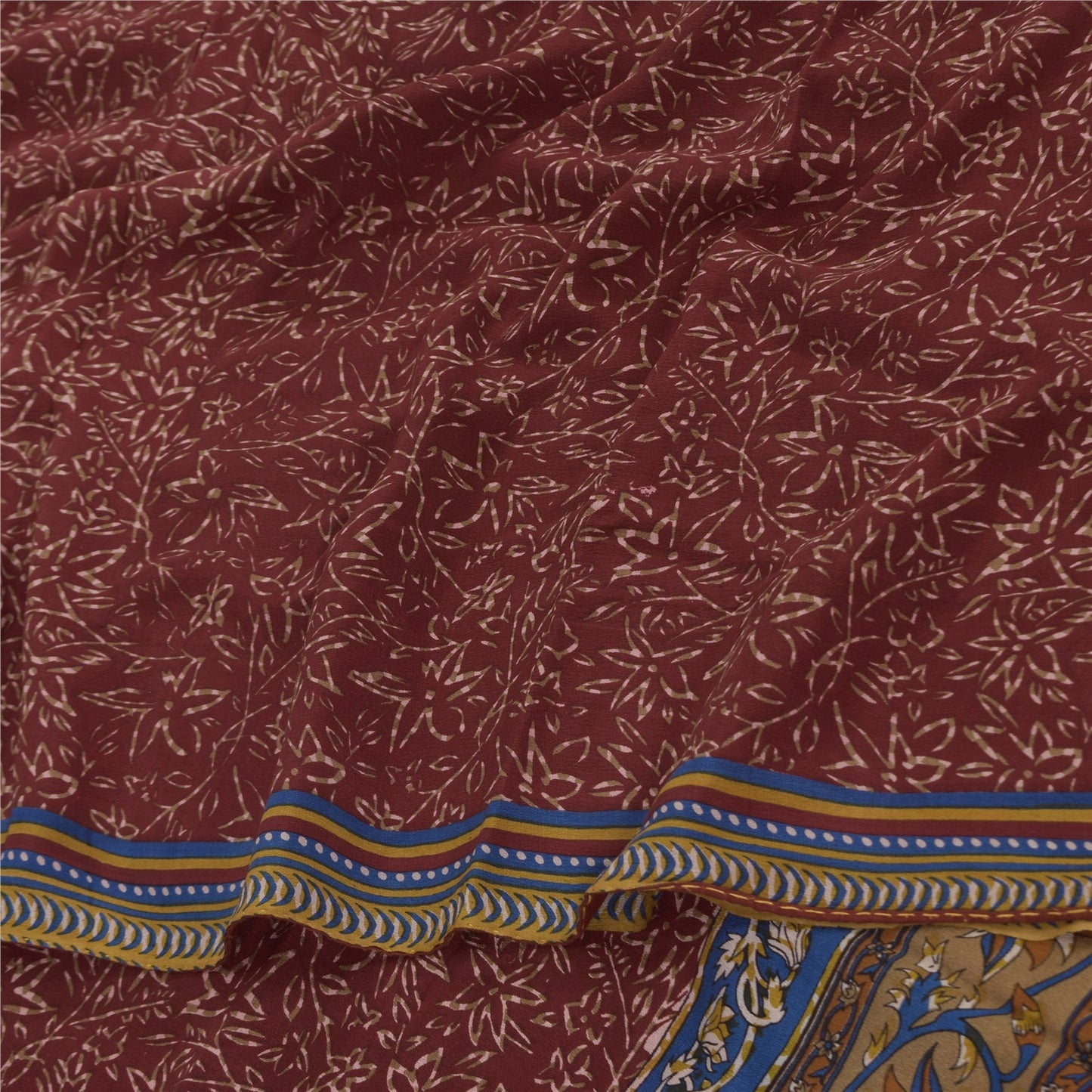 Sanskriti Vintage Sarees Dark Red Pure Crepe Silk Printed Sari 5+yd Craft Fabric