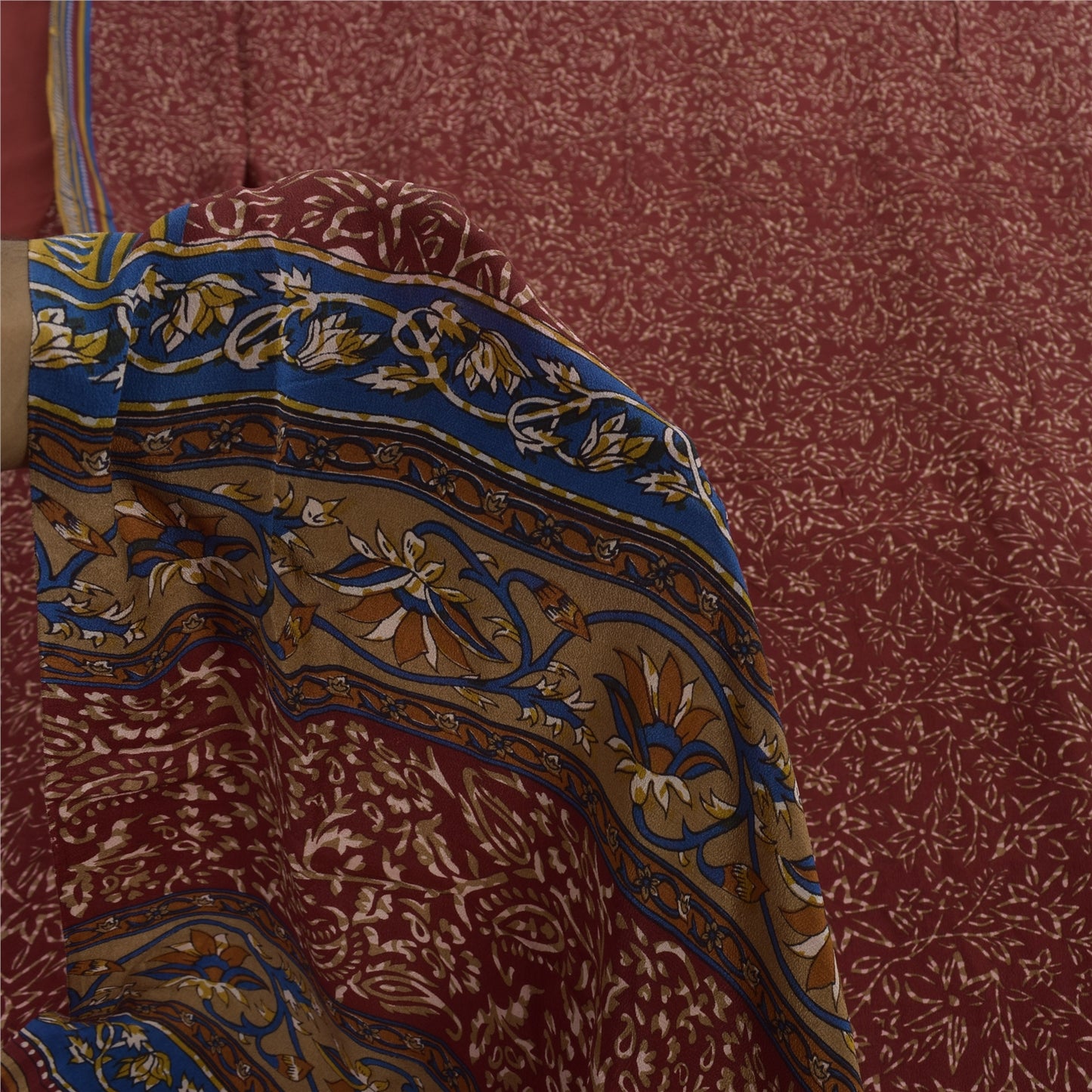 Sanskriti Vintage Sarees Dark Red Pure Crepe Silk Printed Sari 5+yd Craft Fabric