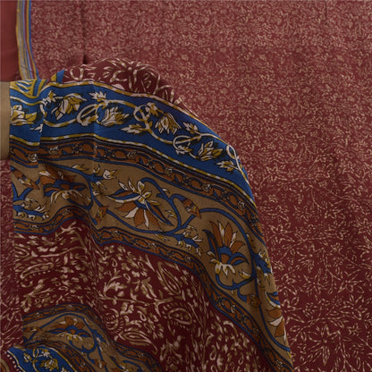 Sanskriti Vintage Sarees Dark Red Pure Crepe Silk Printed Sari 5+yd Craft Fabric
