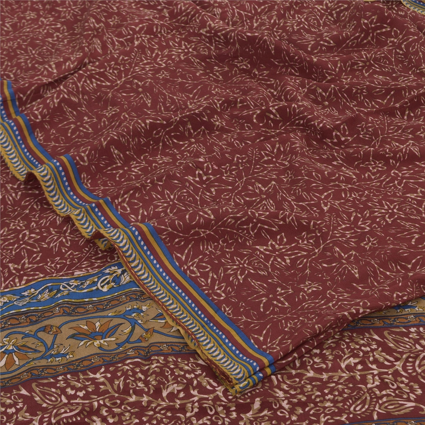 Sanskriti Vintage Sarees Dark Red Pure Crepe Silk Printed Sari 5+yd Craft Fabric