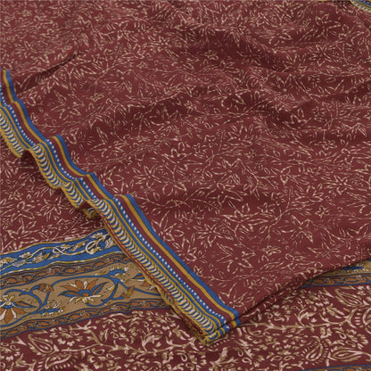 Sanskriti Vintage Sarees Dark Red Pure Crepe Silk Printed Sari 5+yd Craft Fabric