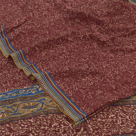 Sanskriti Vintage Sarees Dark Red Pure Crepe Silk Printed Sari 5+yd Craft Fabric