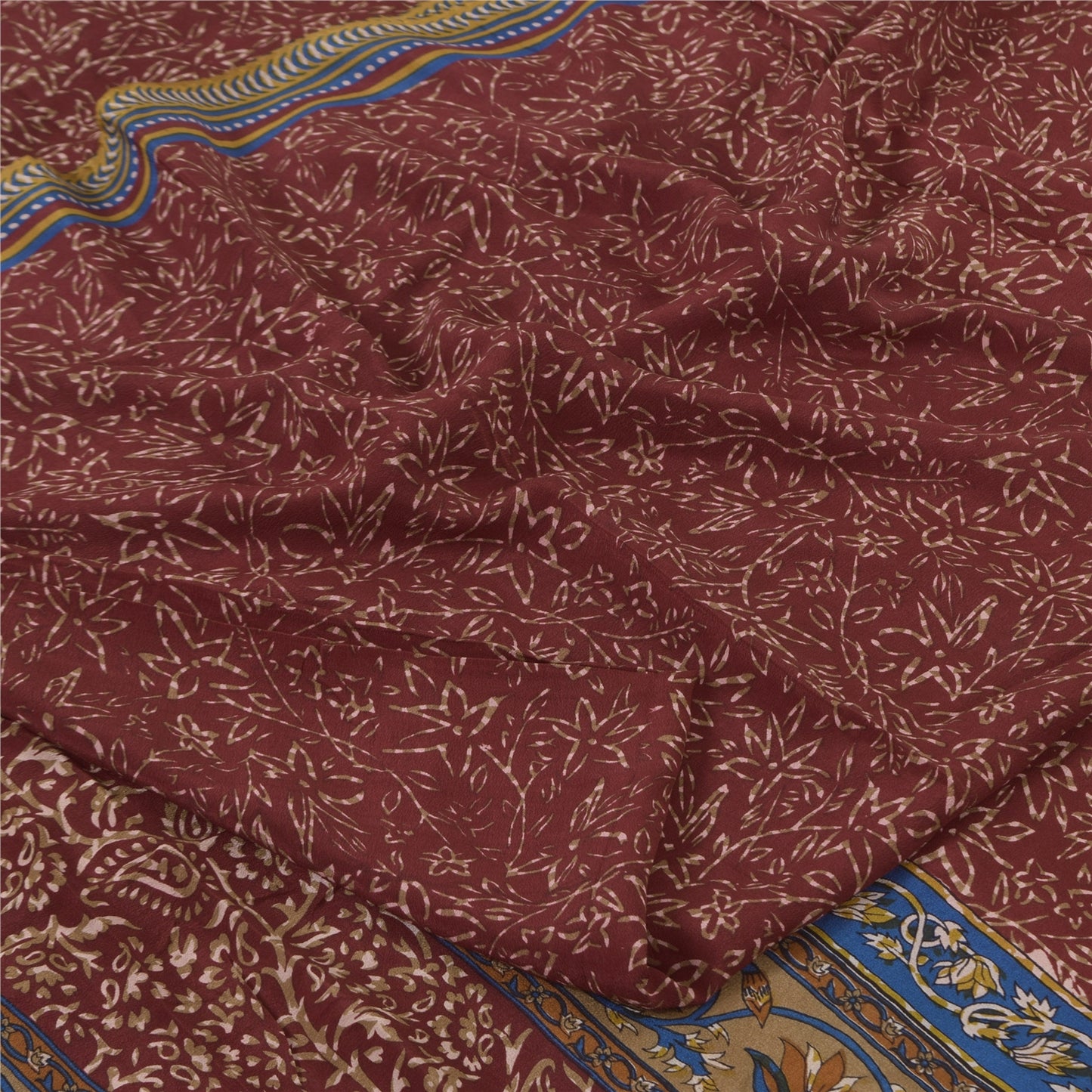 Sanskriti Vintage Sarees Dark Red Pure Crepe Silk Printed Sari 5+yd Craft Fabric