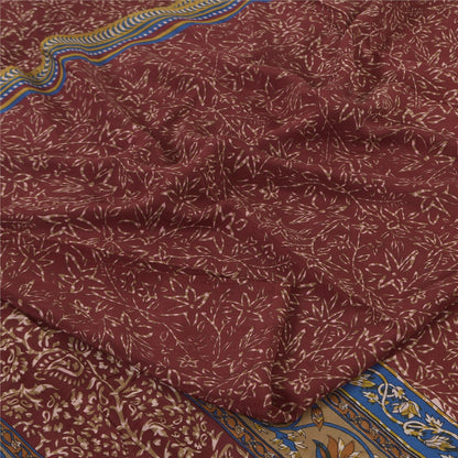 Sanskriti Vintage Sarees Dark Red Pure Crepe Silk Printed Sari 5+yd Craft Fabric