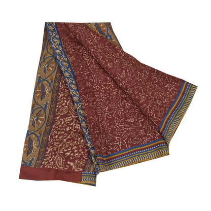 Sanskriti Vintage Sarees Dark Red Pure Crepe Silk Printed Sari 5+yd Craft Fabric