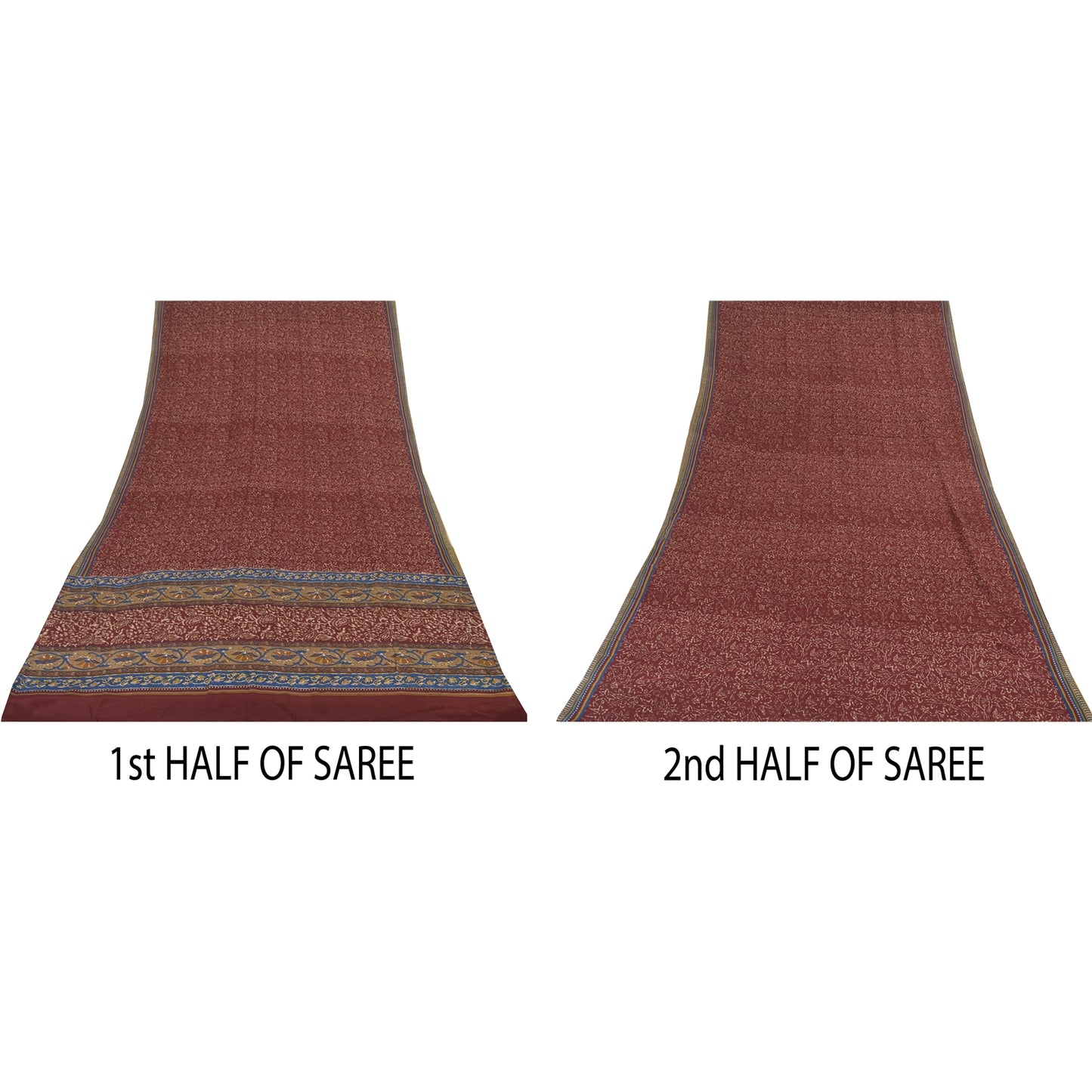 Sanskriti Vintage Sarees Dark Red Pure Crepe Silk Printed Sari 5+yd Craft Fabric