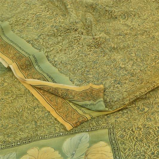 Sanskriti Vintage Sarees Yellow/Green Rhinestone Pure Crepe Printed Sari Sustainable Fabric