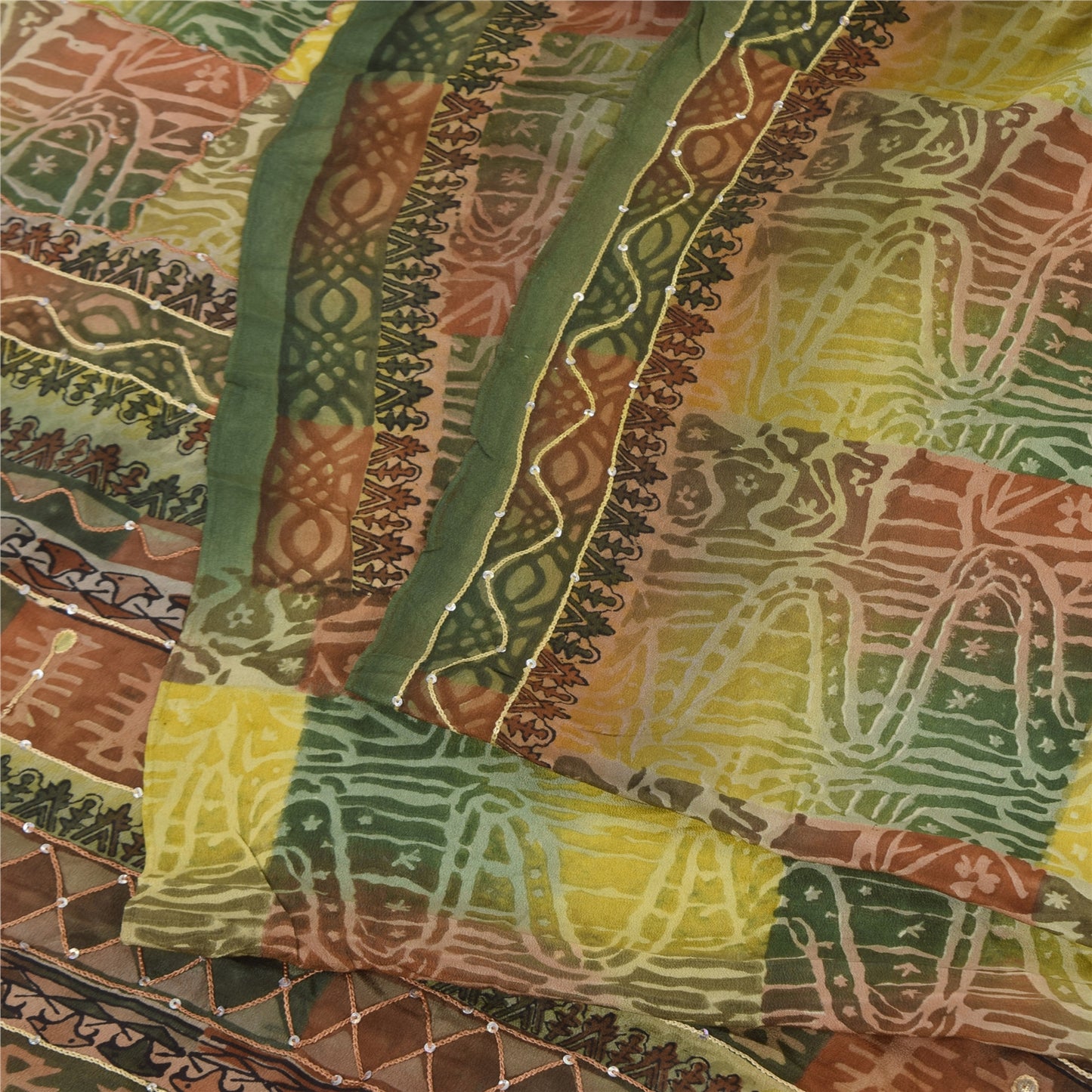 Sanskriti Vintage Sarees Embroidery Pure Crepe Silk Print Sari 5+yd Craft Sustainable Fabric