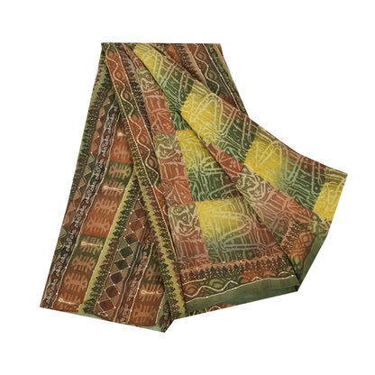 Sanskriti Vintage Sarees Embroidery Pure Crepe Silk Print Sari 5+yd Craft Sustainable Fabric