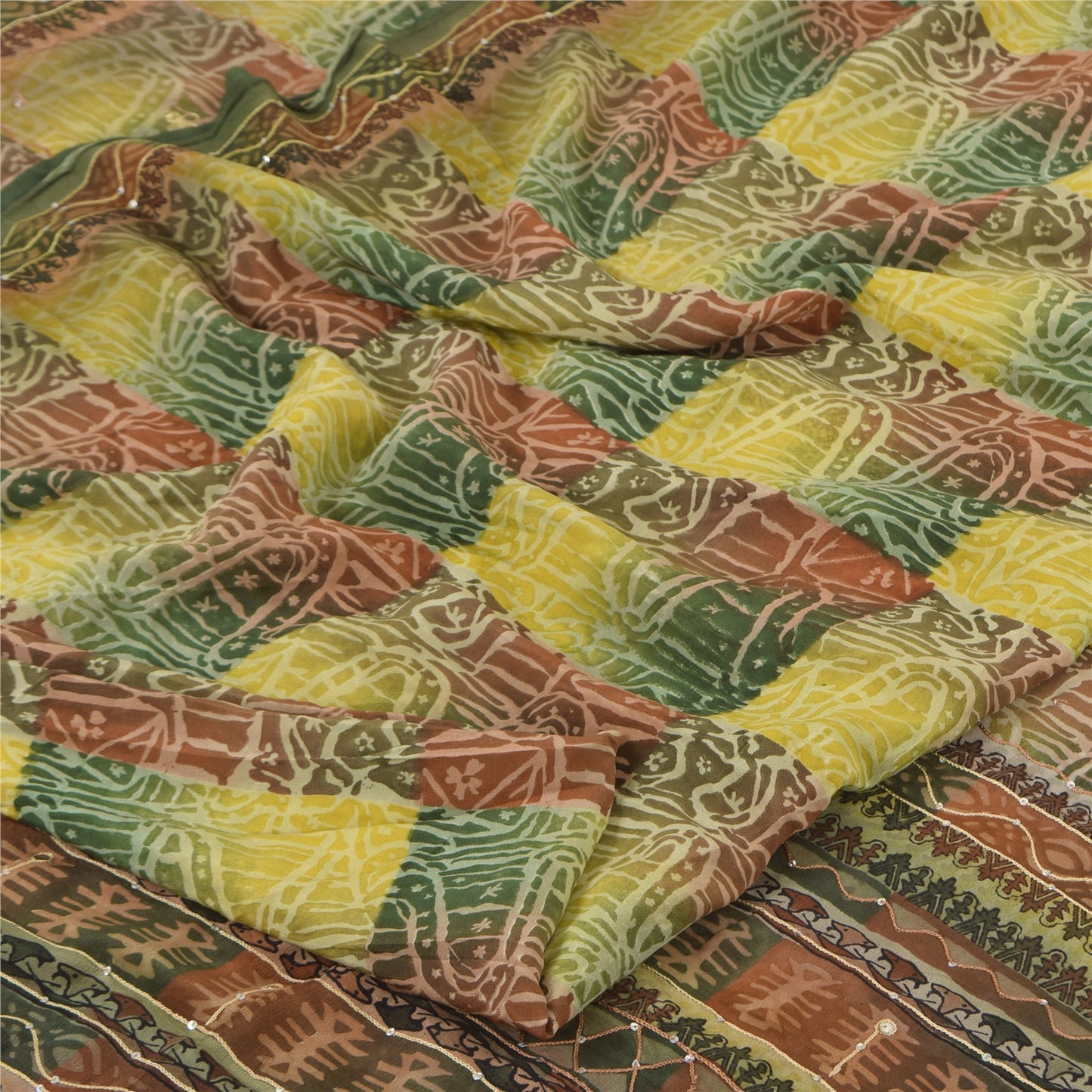 Sanskriti Vintage Sarees Embroidery Pure Crepe Silk Print Sari 5+yd Craft Sustainable Fabric