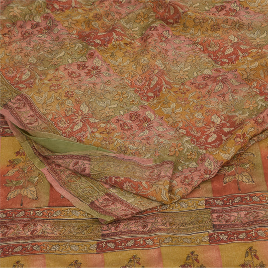 Sanskriti Vintage Sarees Multicolor Pure Crepe Silk Print Sari 5+yd Craft Sustainable Fabric