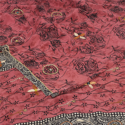Sanskriti Vintage Sarees Blush-Pink Pure Crepe Silk Print Sari 5+yd Craft Fabric