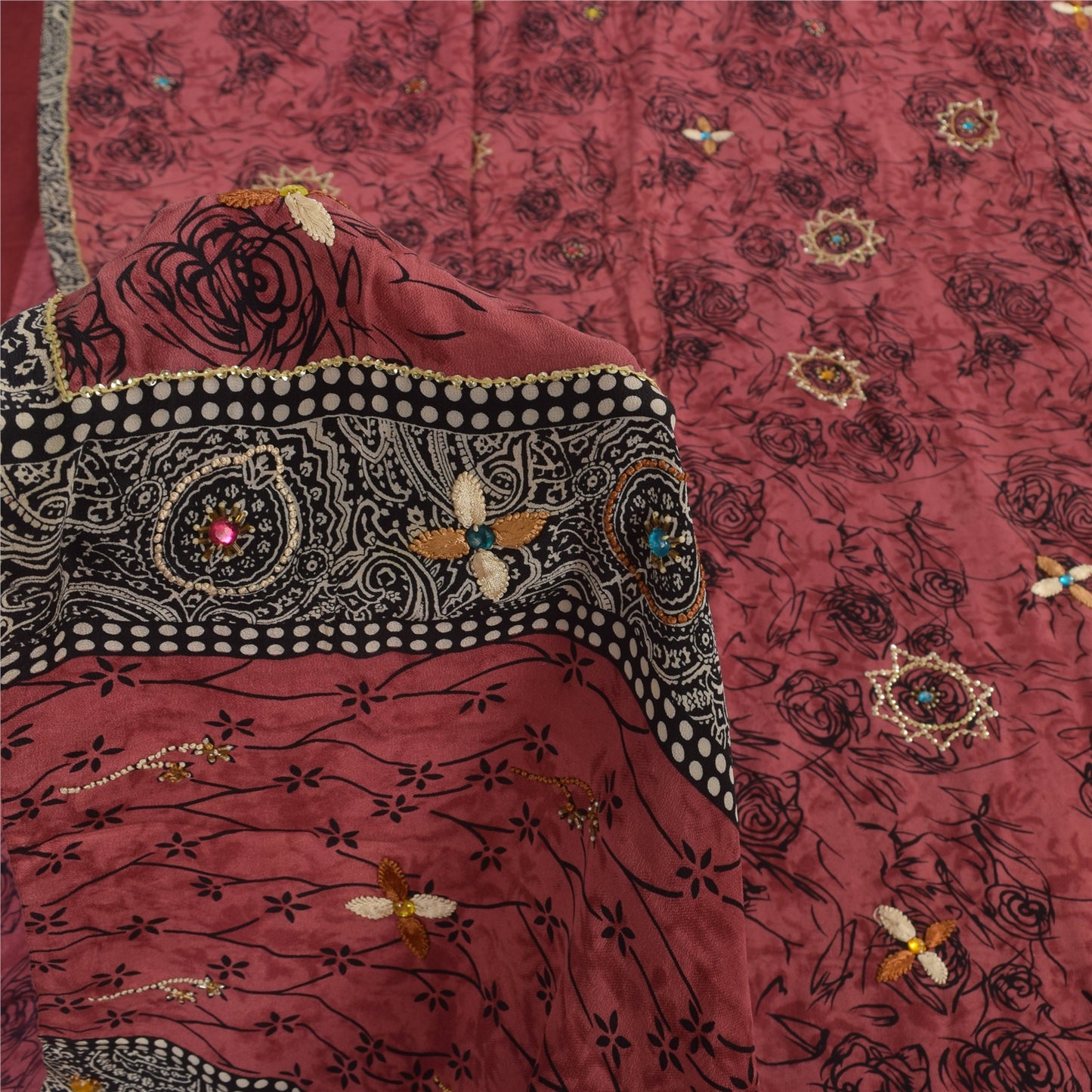 Sanskriti Vintage Sarees Blush-Pink Pure Crepe Silk Print Sari 5+yd Craft Fabric