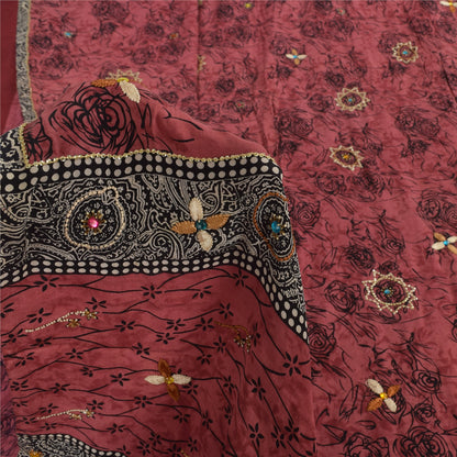 Sanskriti Vintage Sarees Blush-Pink Pure Crepe Silk Print Sari 5+yd Craft Fabric