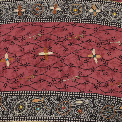 Sanskriti Vintage Sarees Blush-Pink Pure Crepe Silk Print Sari 5+yd Craft Fabric