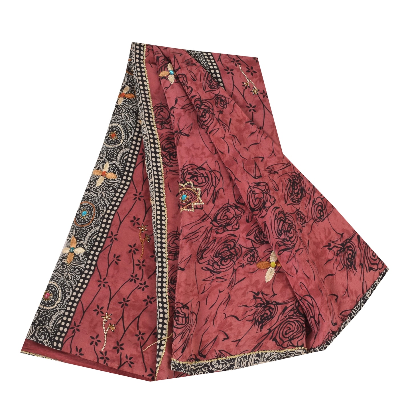 Sanskriti Vintage Sarees Blush-Pink Pure Crepe Silk Print Sari 5+yd Craft Fabric