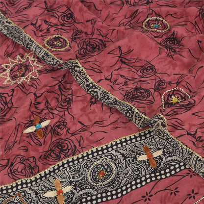 Sanskriti Vintage Sarees Blush-Pink Pure Crepe Silk Print Sari 5+yd Craft Fabric