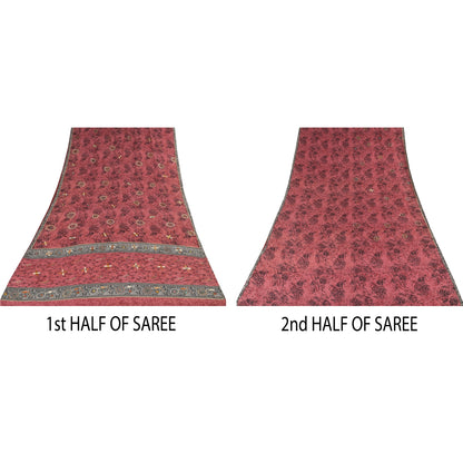 Sanskriti Vintage Sarees Blush-Pink Pure Crepe Silk Print Sari 5+yd Craft Fabric