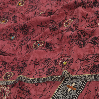 Sanskriti Vintage Sarees Blush-Pink Pure Crepe Silk Print Sari 5+yd Craft Fabric