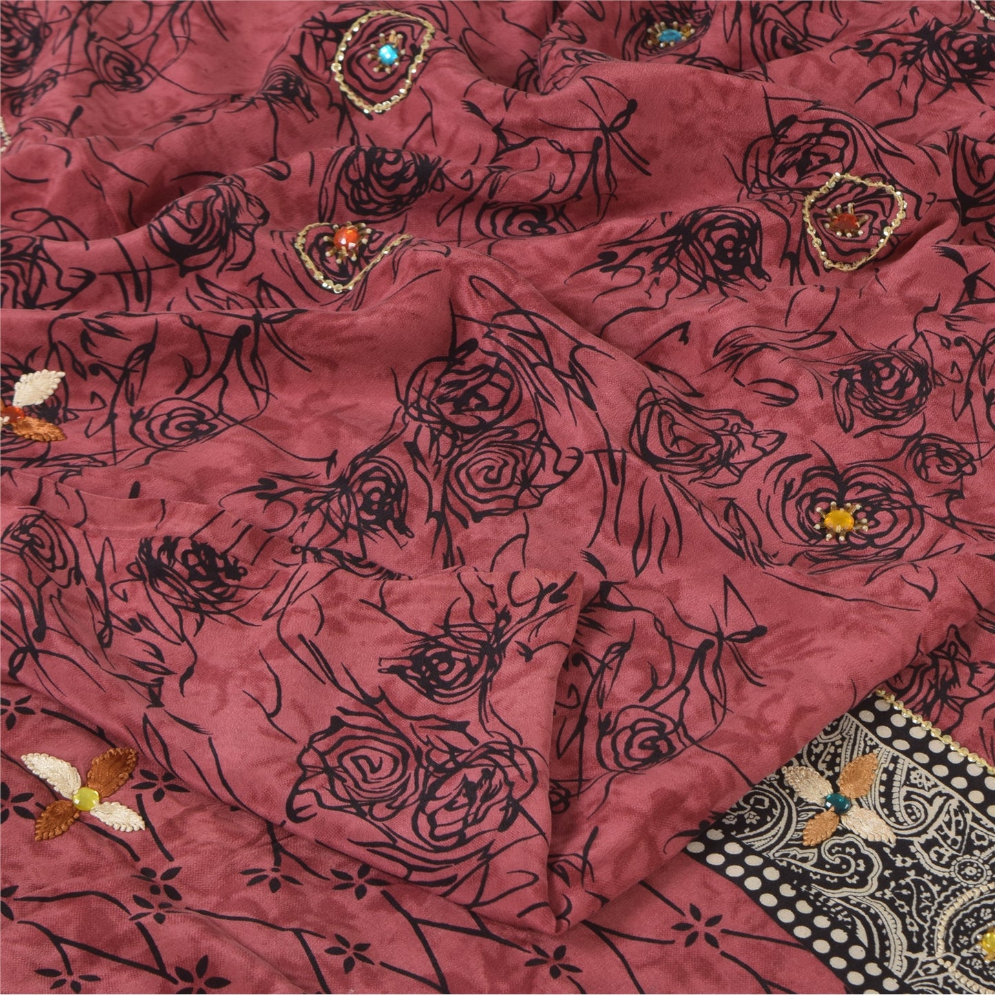 Sanskriti Vintage Sarees Blush-Pink Pure Crepe Silk Print Sari 5+yd Craft Fabric