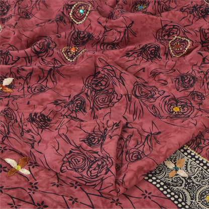 Sanskriti Vintage Sarees Blush-Pink Pure Crepe Silk Print Sari 5+yd Craft Fabric