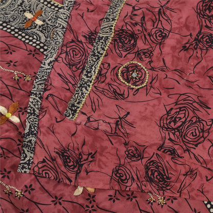 Sanskriti Vintage Sarees Blush-Pink Pure Crepe Silk Print Sari 5+yd Craft Fabric