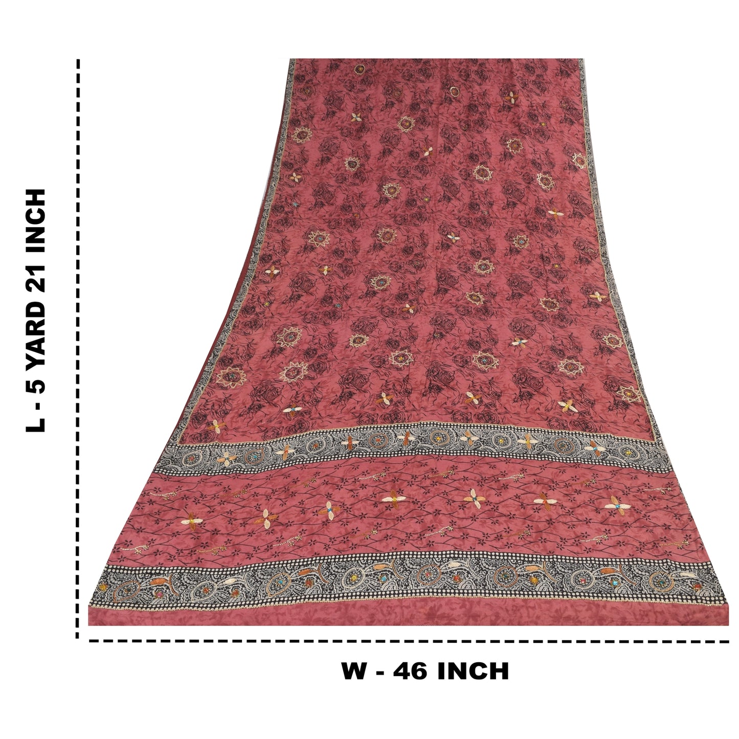 Sanskriti Vintage Sarees Blush-Pink Pure Crepe Silk Print Sari 5+yd Craft Fabric