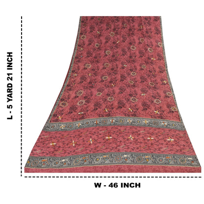 Sanskriti Vintage Sarees Blush-Pink Pure Crepe Silk Print Sari 5+yd Craft Fabric