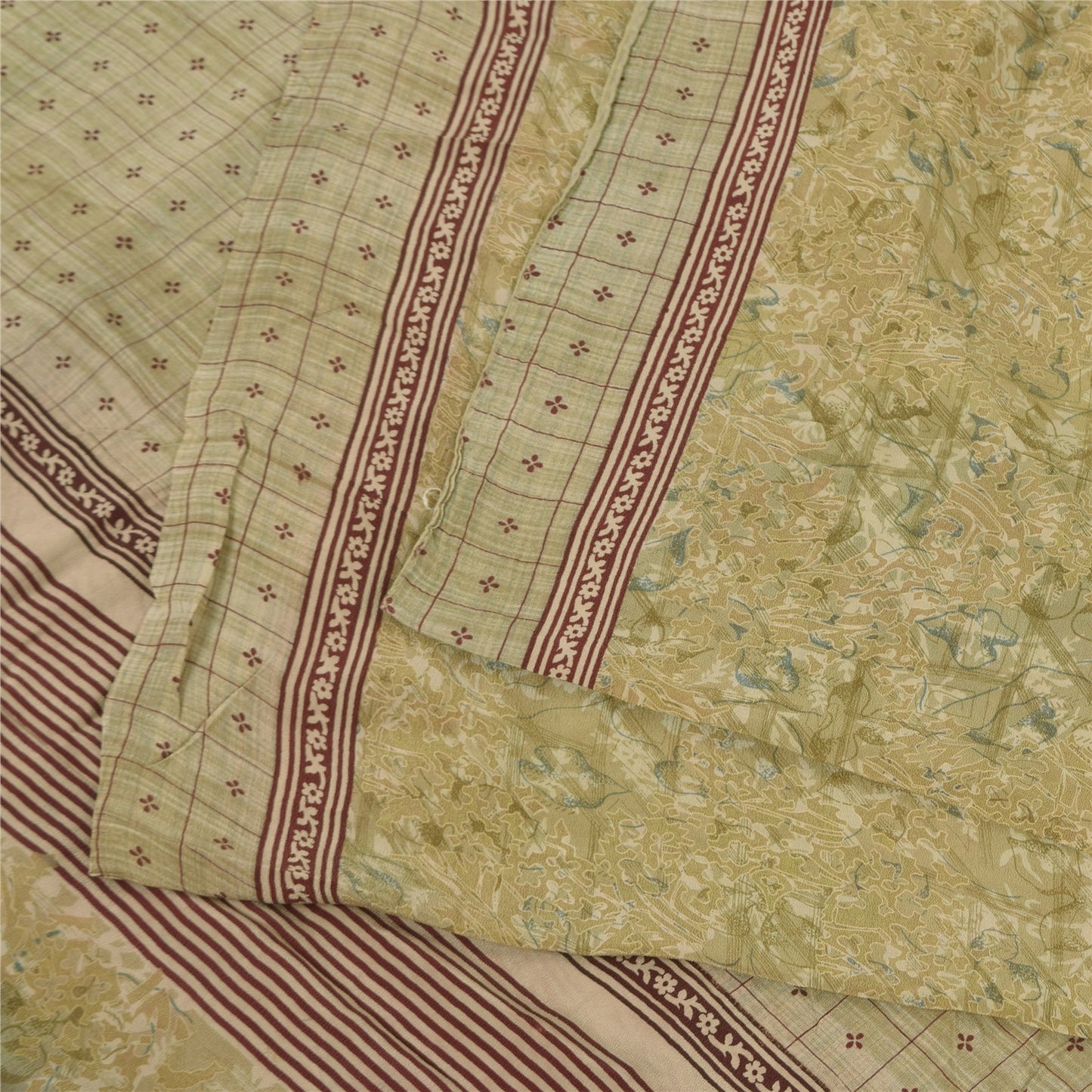 Sanskriti Vintage Sarees Olive Cream Pure Crepe Printed Sari 5+yd Craft Fabric