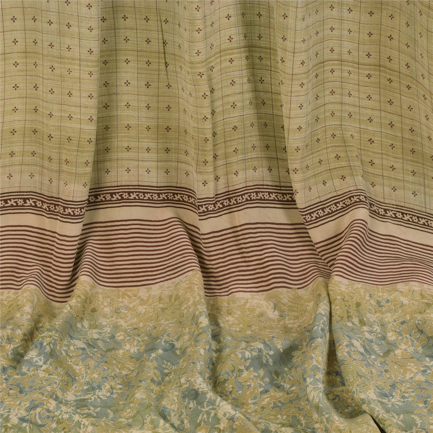 Sanskriti Vintage Sarees Olive Cream Pure Crepe Printed Sari 5+yd Craft Fabric