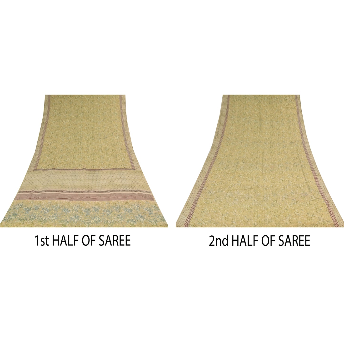 Sanskriti Vintage Sarees Olive Cream Pure Crepe Printed Sari 5+yd Craft Fabric