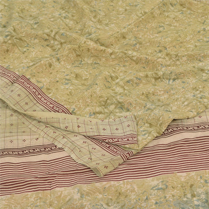 Sanskriti Vintage Sarees Olive Cream Pure Crepe Printed Sari 5+yd Craft Fabric