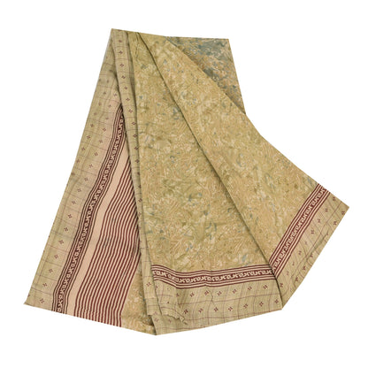 Sanskriti Vintage Sarees Olive Cream Pure Crepe Printed Sari 5+yd Craft Fabric