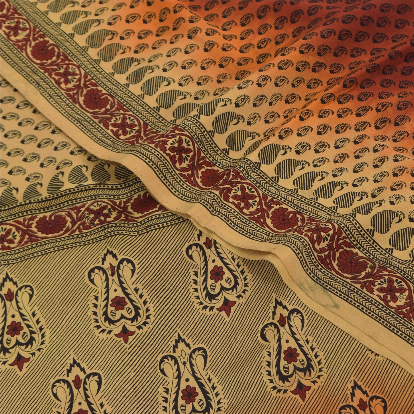 Сари Sanskriti Vintage, оранжевое/кремовое, чистый креп, напечатанное сари, 6+ ярдов, ткань для рукоделия из экологически чистой ткани