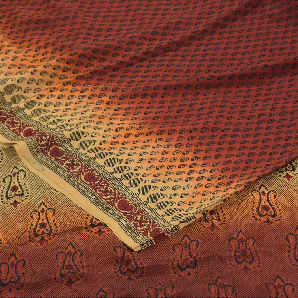 Сари Sanskriti Vintage, оранжевое/кремовое, чистый креп, напечатанное сари, 6+ ярдов, ткань для рукоделия из экологически чистой ткани