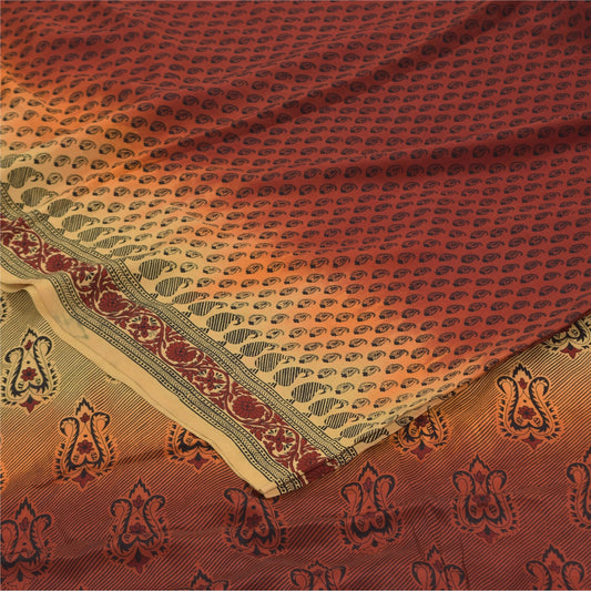 Sanskriti Vintage Sarees Orange/Cream Pure Crepe Printed Sari 6+yd Craft Sustainable Fabric