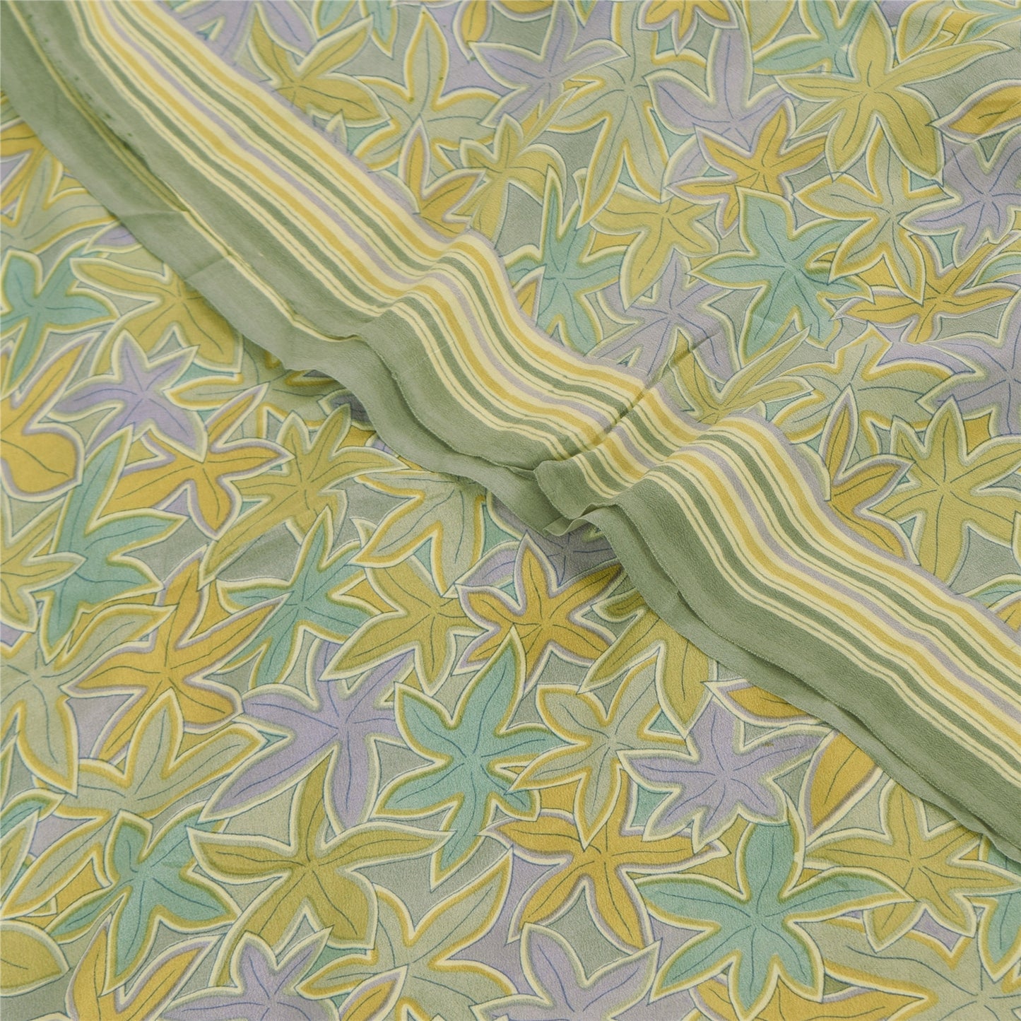 Sanskriti Vintage Sarees Olive Green Pure Crepe Printed Sari 5+yd Craft Sustainable Fabric