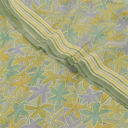 Sanskriti Vintage Sarees Olive Green Pure Crepe Printed Sari 5+yd Craft Sustainable Fabric
