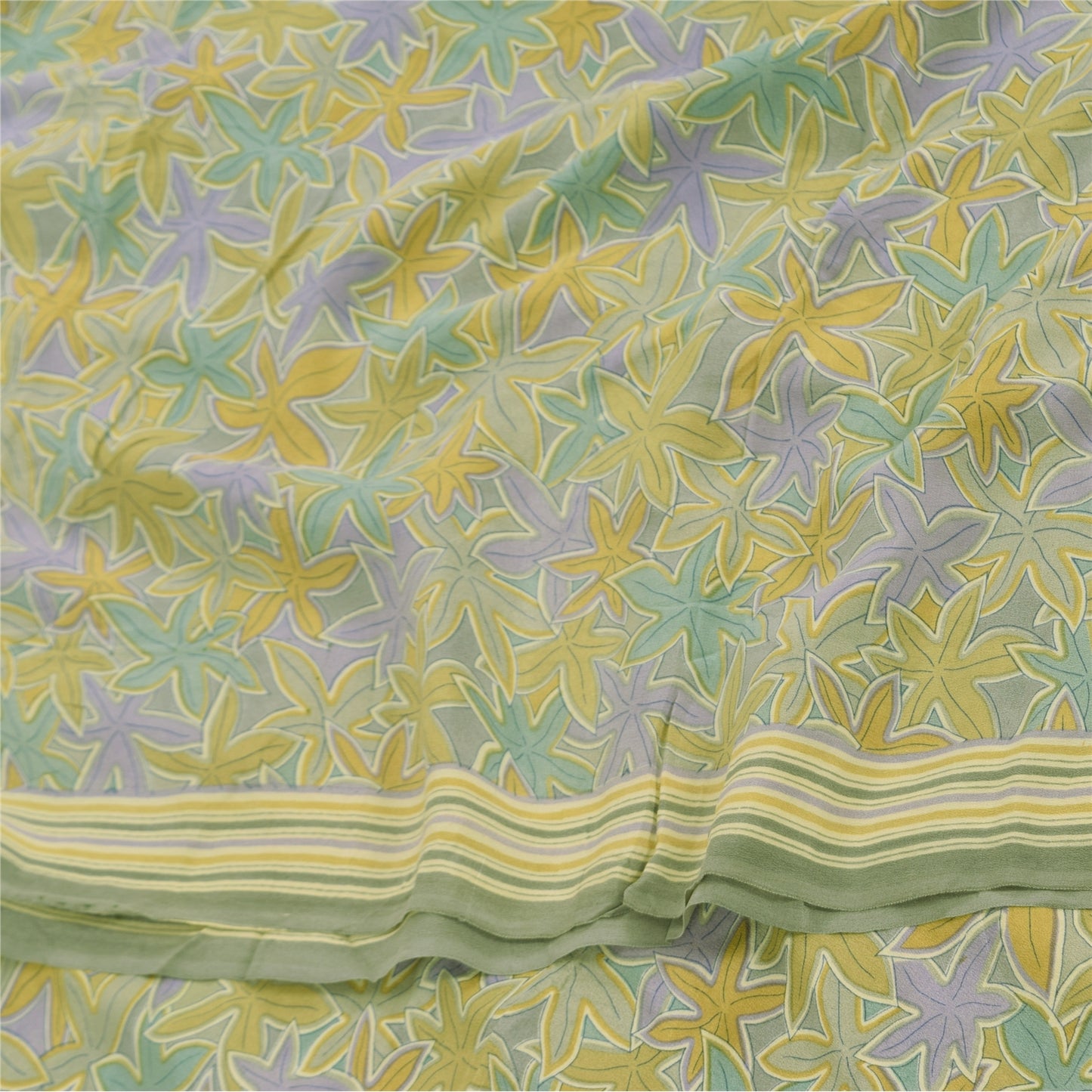 Sanskriti Vintage Sarees Olive Green Pure Crepe Printed Sari 5+yd Craft Sustainable Fabric