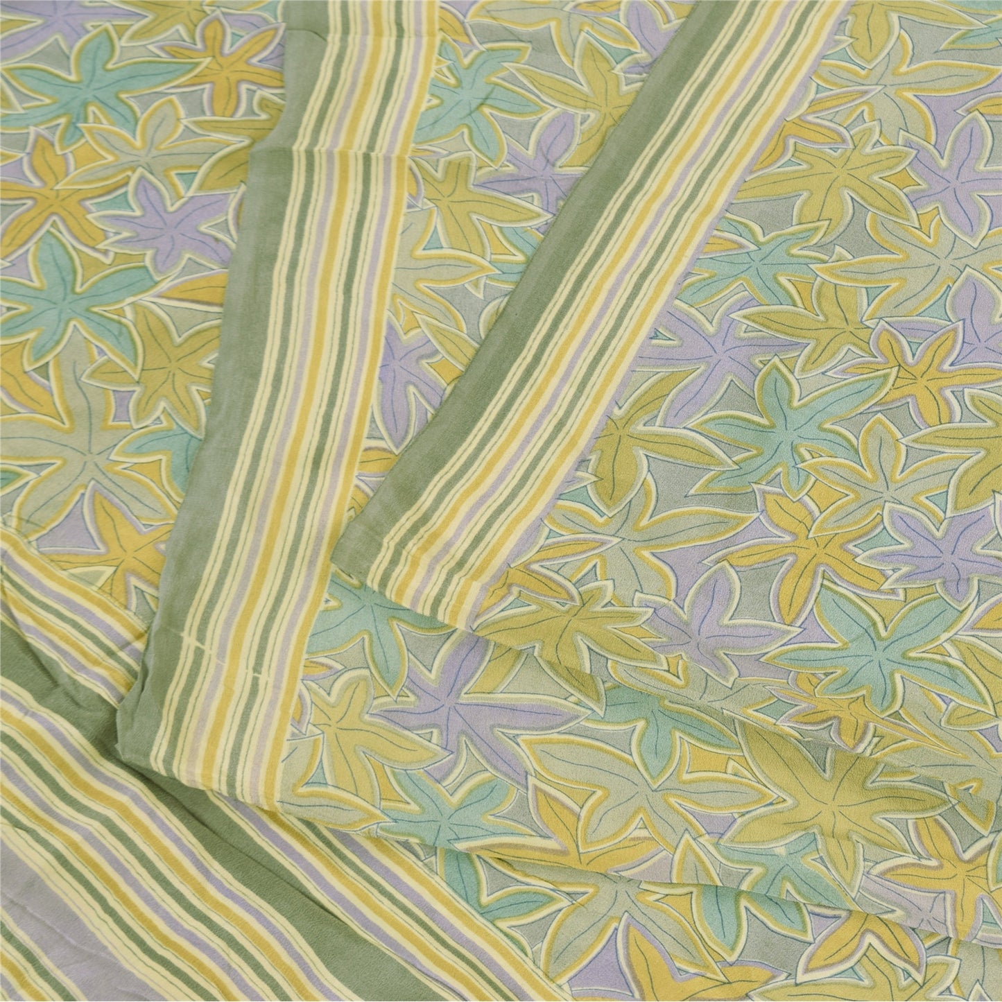 Sanskriti Vintage Sarees Olive Green Pure Crepe Printed Sari 5+yd Craft Sustainable Fabric