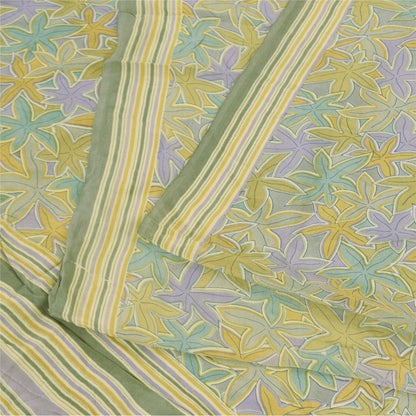 Sanskriti Vintage Sarees Olive Green Pure Crepe Printed Sari 5+yd Craft Sustainable Fabric